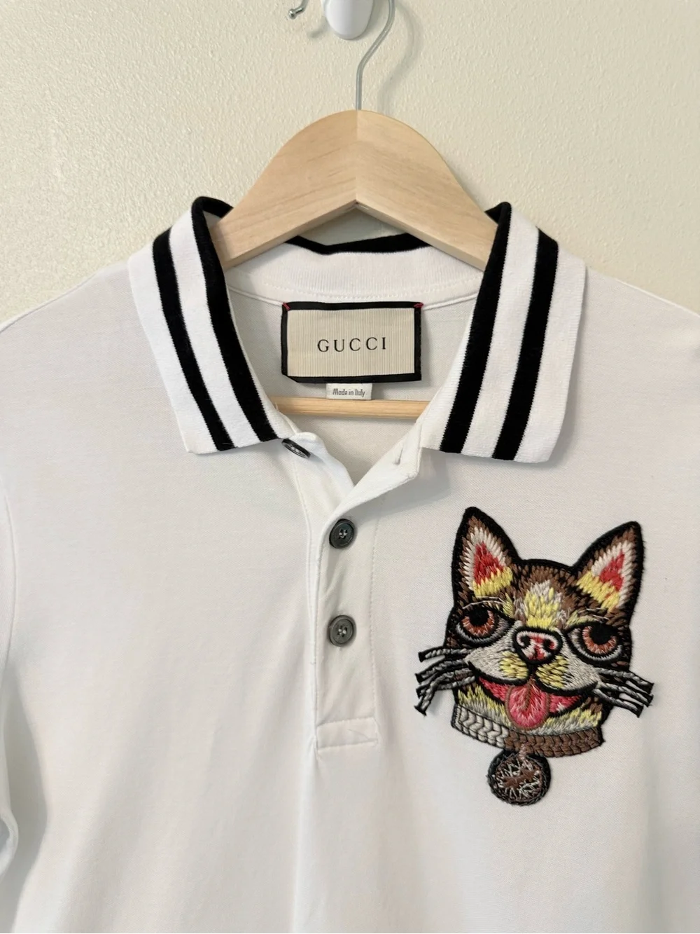 Gucci Dog Cat Patch Polo Shirt White Black Stripe Rare Alessandro Michele Size S